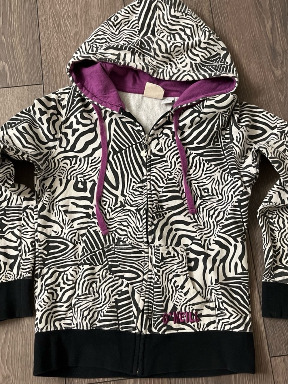 O'Neill Girls Black & White Zebra Print Hoodie with Purple Hood